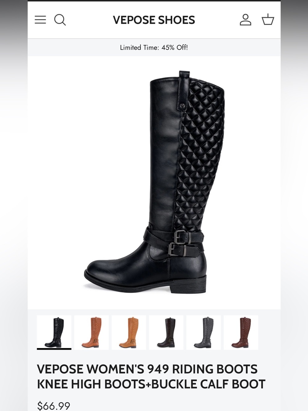 Vepose Black Quilted Over-the-Knee Buckle Boots